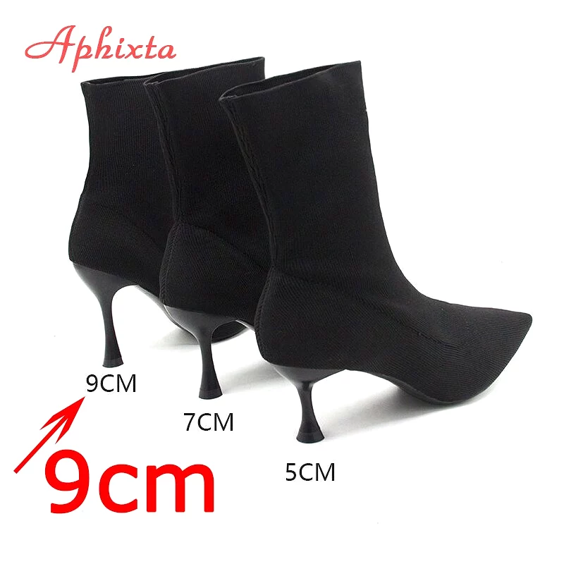 Stretch Fabric Socks Boots Women Black Shoes Elegant Pointed Toe Knitting Elastic Ankle Boots for Women