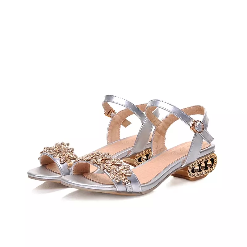 Summer Sandals Women Luxury Rhinestone Shoes Woman Elegant Casual Low Heels Chunky Heels Sandals Gold Sliver Party Wedding Shoes