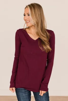 Trust The Timing Long Sleeve Top- Dark Burgundy