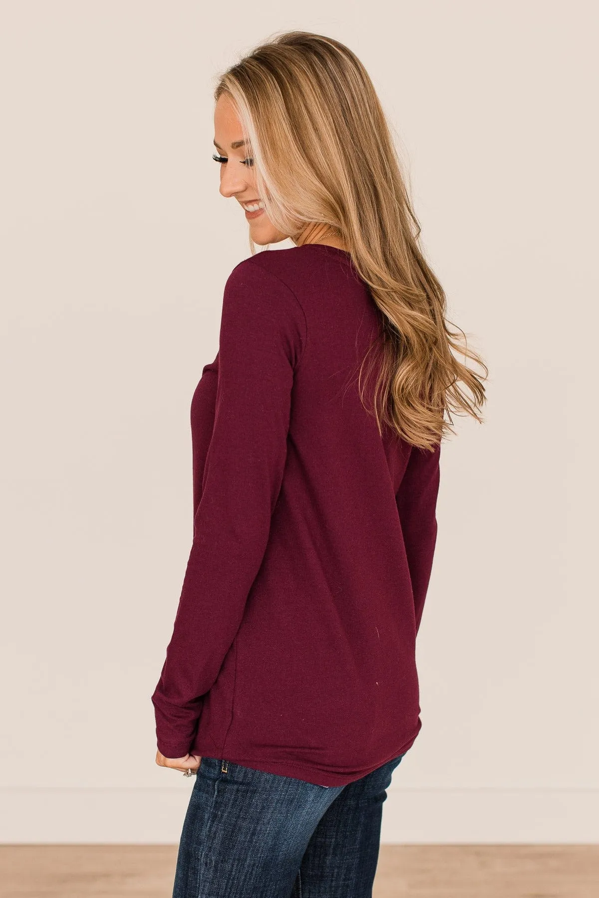 Trust The Timing Long Sleeve Top- Dark Burgundy