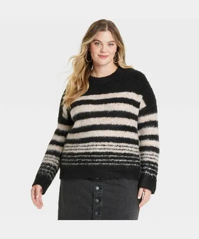 Universal Thread Women's Boucle Crewneck Pullover Sweater - Universal Thread™ Black/Cream Striped