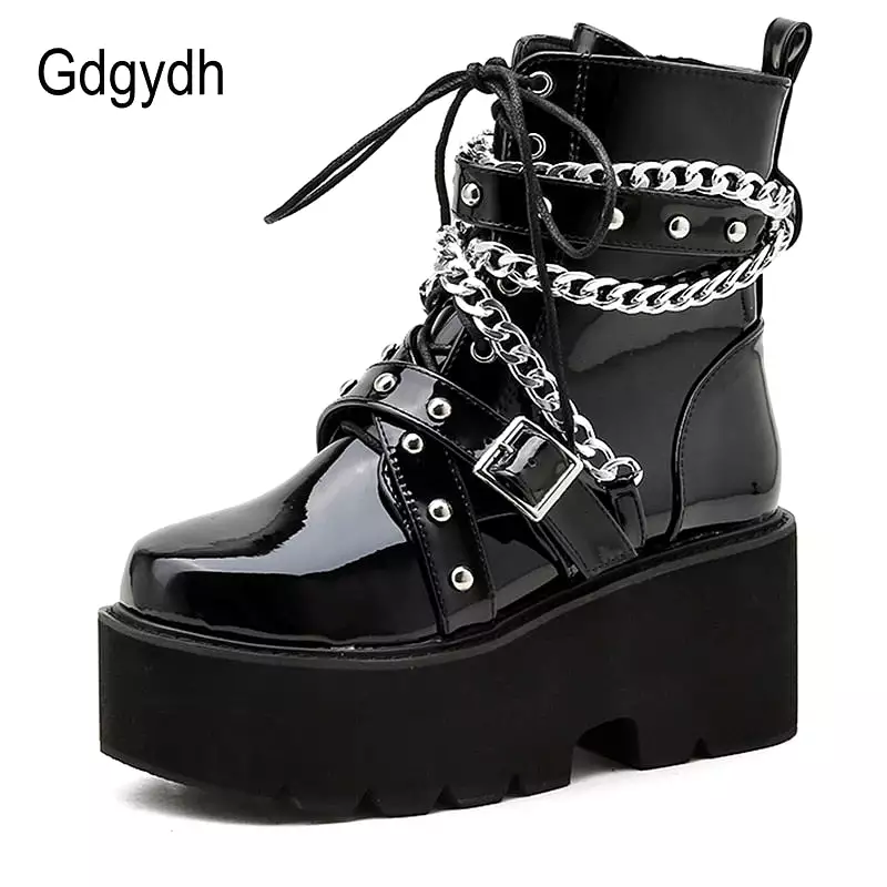 Winter Boots Women Chain Boots Ankle Buckle Strap Ankle Boots Square Heel Thick Sole Platform Rock Punk Style