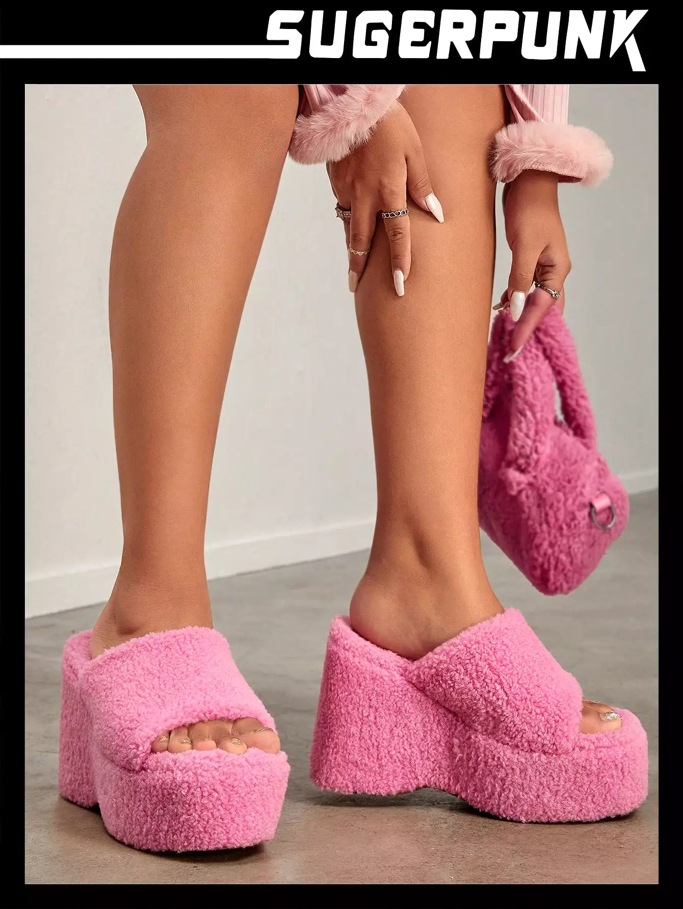 Women Shoes Valentine Days Day Neon-Pink Fuzzy Wedge Slide Outdoor Sandals