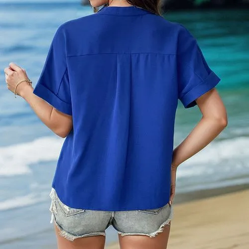 Women's Blouse Short Sleeve T-Shirts Pocket Simple Style Solid Color