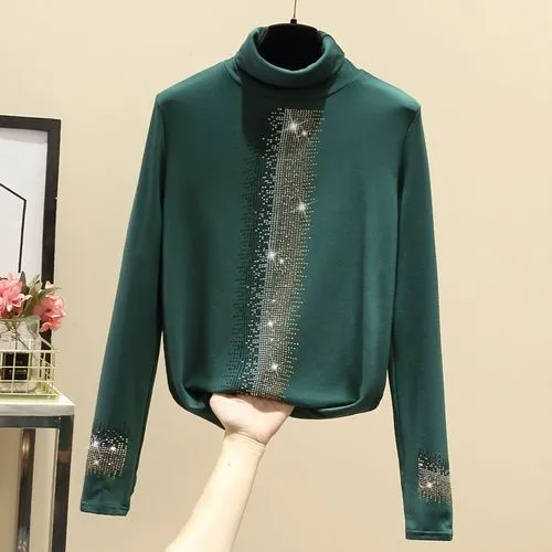 Women's T-shirt Long Sleeve T-shirts Diamond Fashion Solid Color