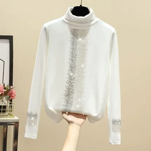 Women's T-shirt Long Sleeve T-shirts Diamond Fashion Solid Color