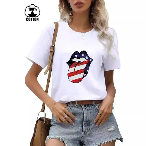 Women's T-shirt Short Sleeve T-Shirts Printing Streetwear Mouth American Flag