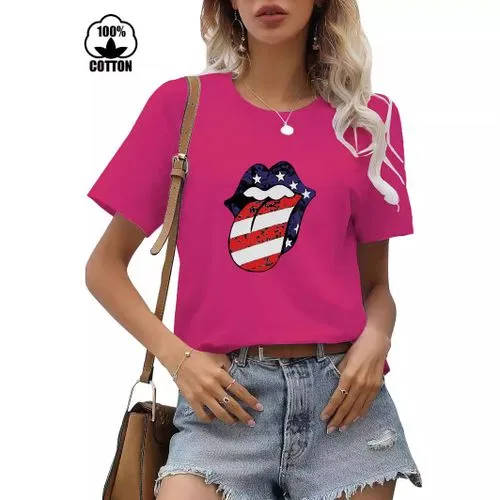 Women's T-shirt Short Sleeve T-Shirts Printing Streetwear Mouth American Flag