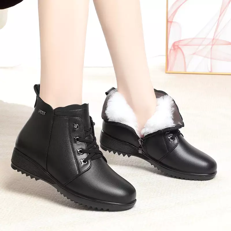 Women's Ankle Boots Warm Fluff Lace-Up Flats Booties