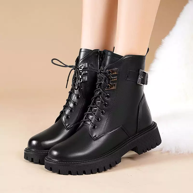 Women's Ankle Boots Warm Fluff Lace-Up Thick Sole Booties