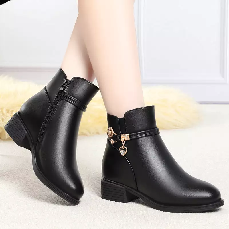 Women's Ankle Boots Zippers Warm Fluff Block Chunky Heel Booties