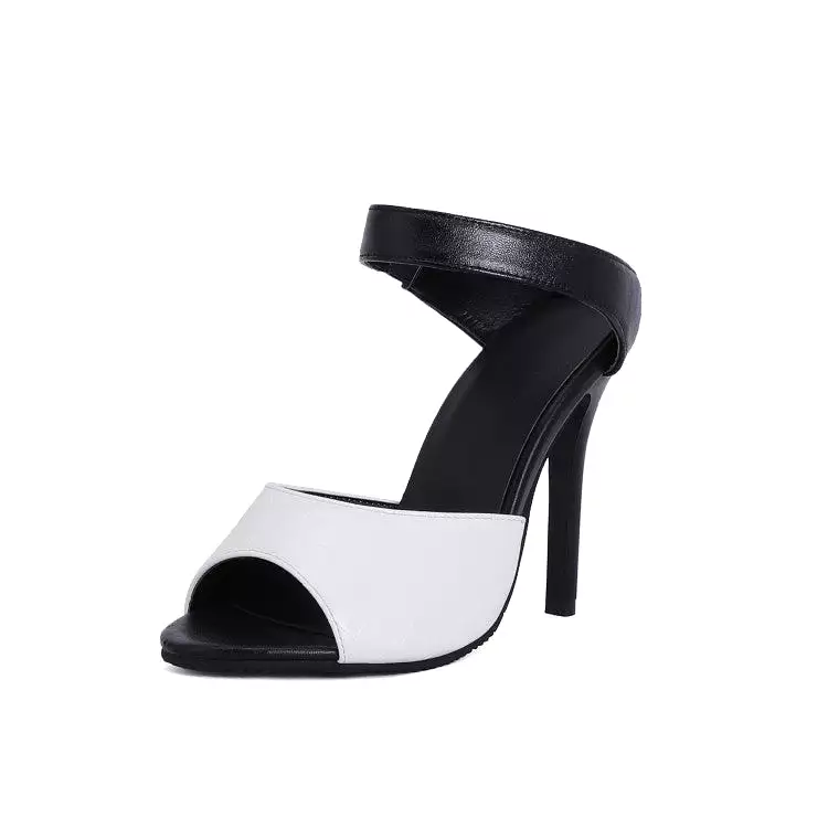 Women's Bicolor Open Toe Ankle Strap Stiletto Heel Slides Sandals