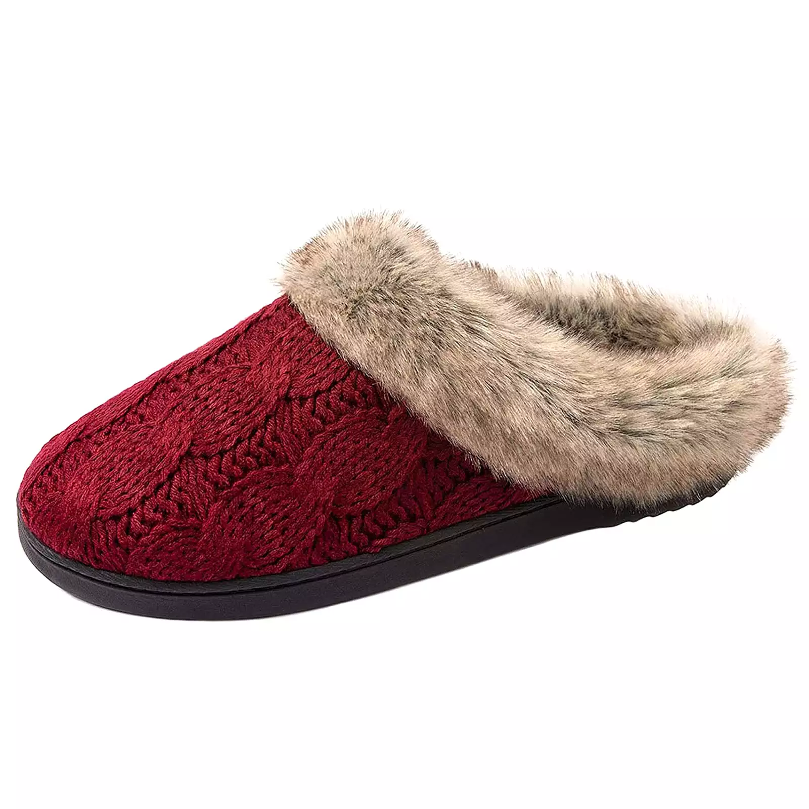 Women's Cable Knit Faux Fur Collar Slipper