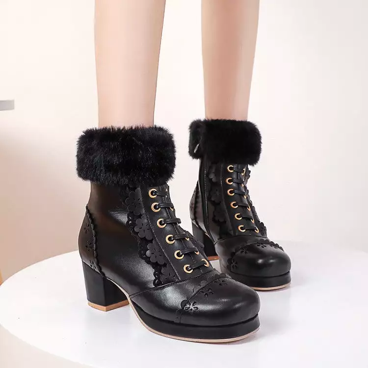 Women's Carved Pu Leather Round Toe Lace Up Bow Tie Block Chunky Heel Platform Ankle Boots