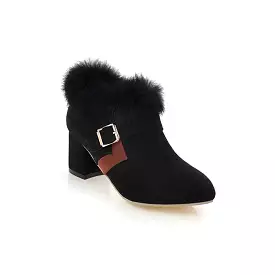 Women's Flock Pointed Toe Buckle Straps Floppy Block Chunky Heel Short Boots