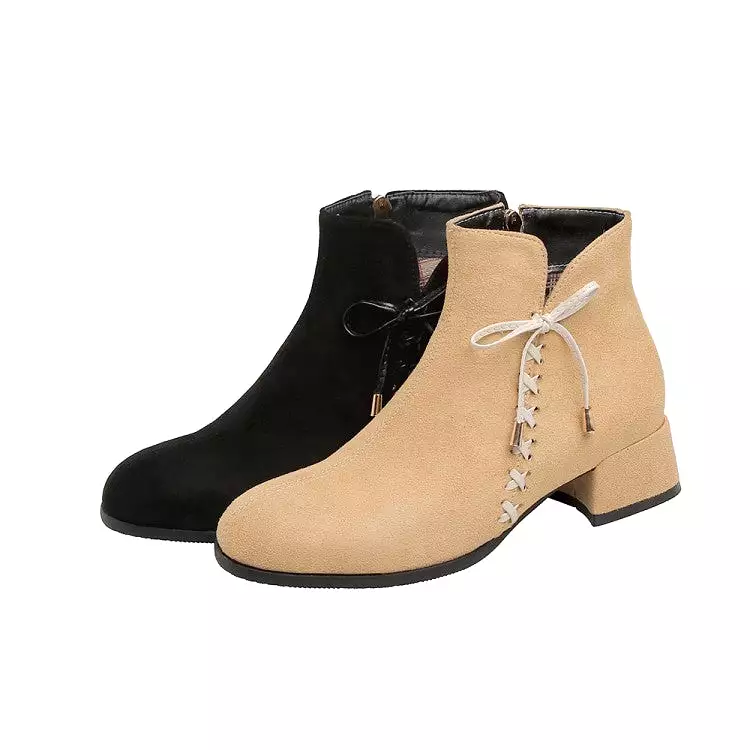 Women's Flock Pointed Toe Crossed Tied Straps Block Chunky Heel Short Boots