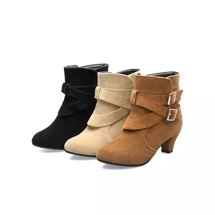 Women's Flock Pointed Toe Double Buckle Straps Puppy Heel Ankle Boots