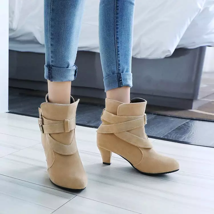 Women's Flock Pointed Toe Double Buckle Straps Puppy Heel Ankle Boots