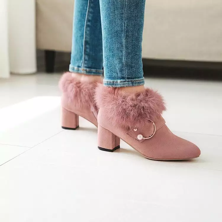 Women's Flock Pointed Toe Floppy Pearls Block Chunky Heel Short Boots