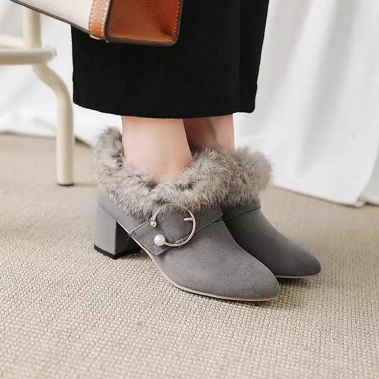 Women's Flock Pointed Toe Floppy Pearls Block Chunky Heel Short Boots