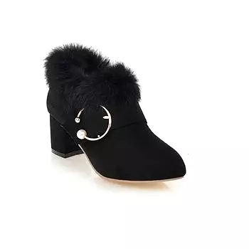 Women's Flock Pointed Toe Pearls Buckle Straps Floppy Block Chunky Heel Short Boots