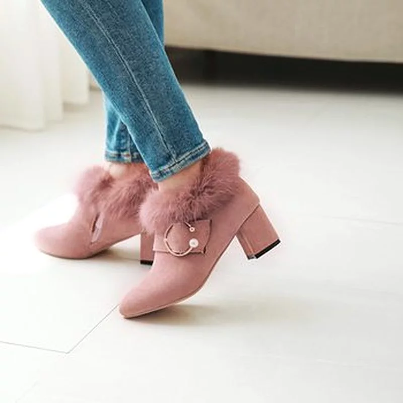 Women's Flock Pointed Toe Pearls Buckle Straps Floppy Block Chunky Heel Short Boots