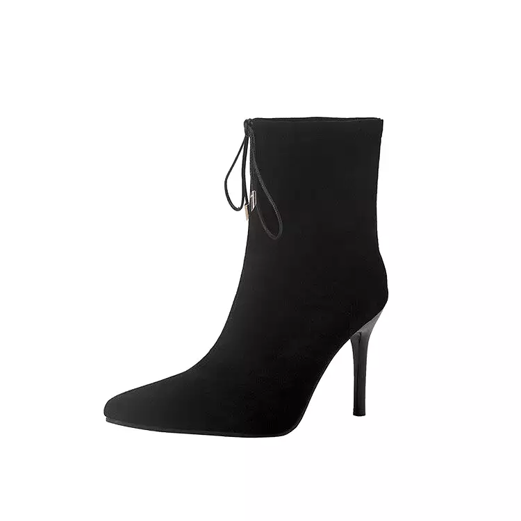 Women's Flock Pointed Toe Stiletto Heel Tied Straps Ankle Boots