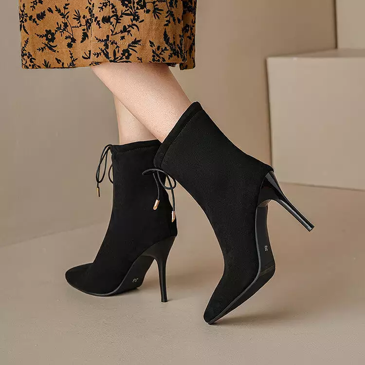 Women's Flock Pointed Toe Stiletto Heel Tied Straps Ankle Boots