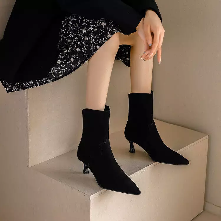 Women's Flock Pointed Toe Stitch Spool Heel Ankle Boots