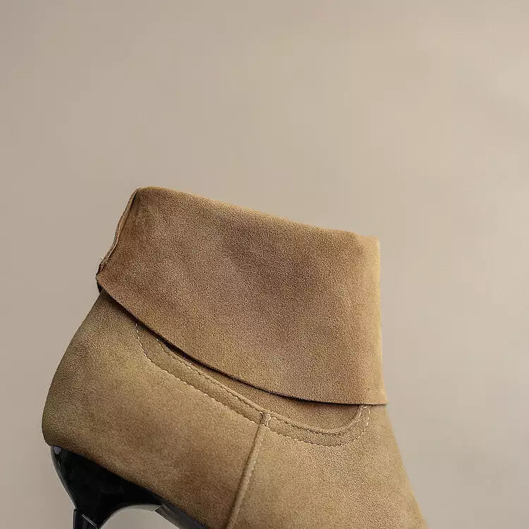 Women's Flock Pointed Toe Stitch Spool Heel Ankle Boots