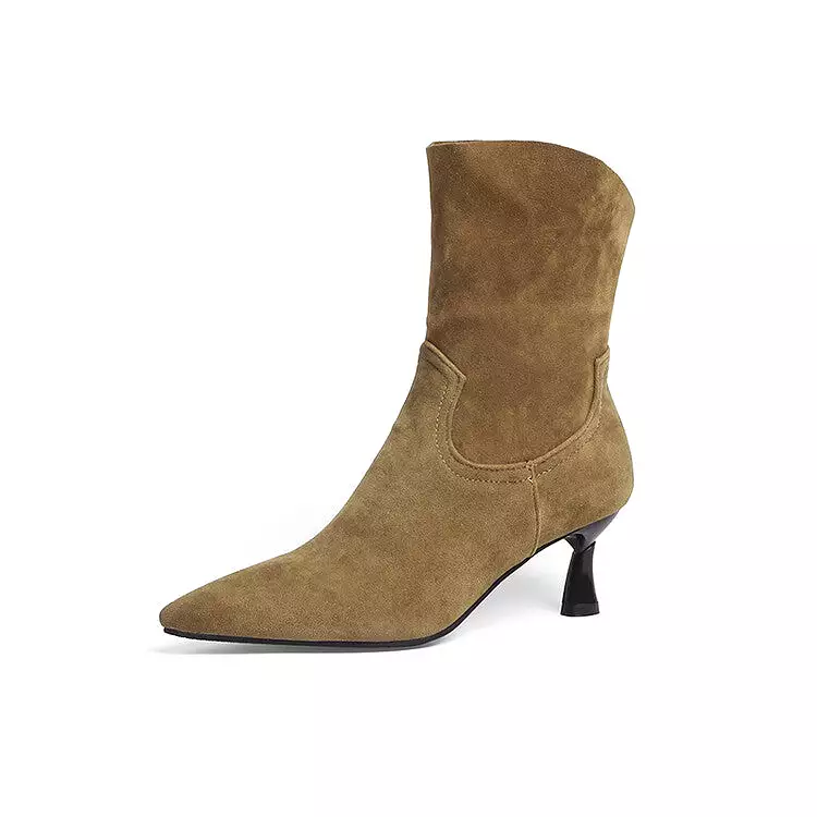 Women's Flock Pointed Toe Stitch Spool Heel Ankle Boots