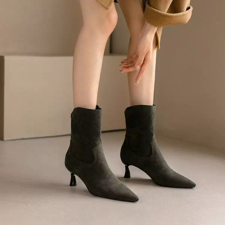 Women's Flock Pointed Toe Stitch Spool Heel Ankle Boots