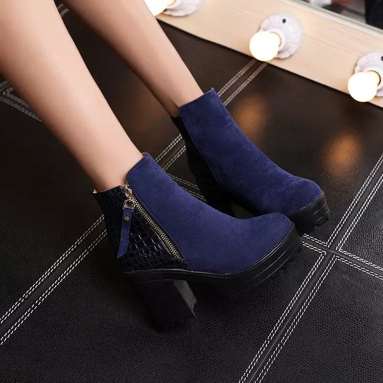 Women's Flock Round Toe Snake Printed Patchwork Side Zippers Block Chunky Heel Platform Short Boots