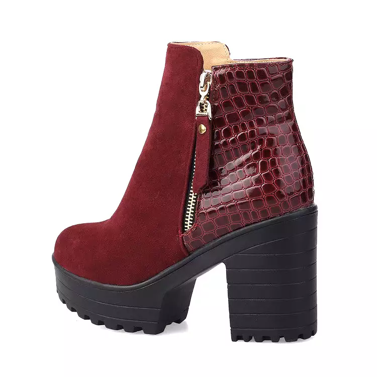 Women's Flock Round Toe Snake Printed Patchwork Side Zippers Block Chunky Heel Platform Short Boots