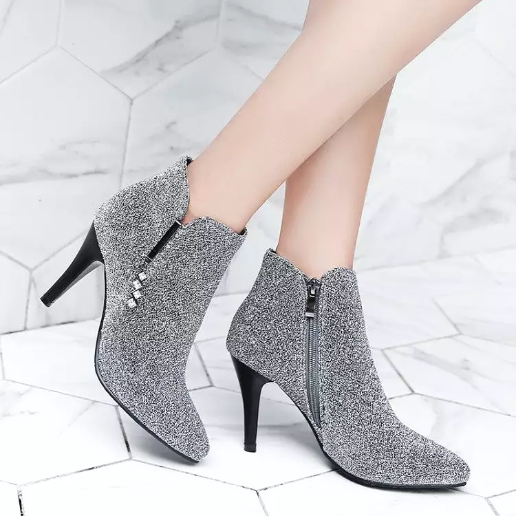 Women's Glitter Pointed Toe Side Zippers Cone Heel Ankle Boots