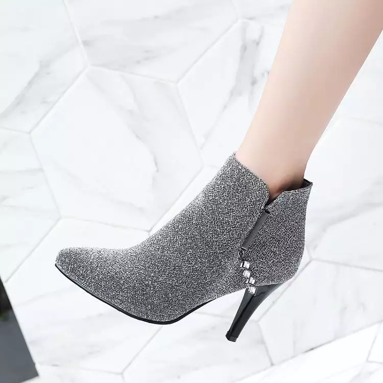 Women's Glitter Pointed Toe Side Zippers Cone Heel Ankle Boots