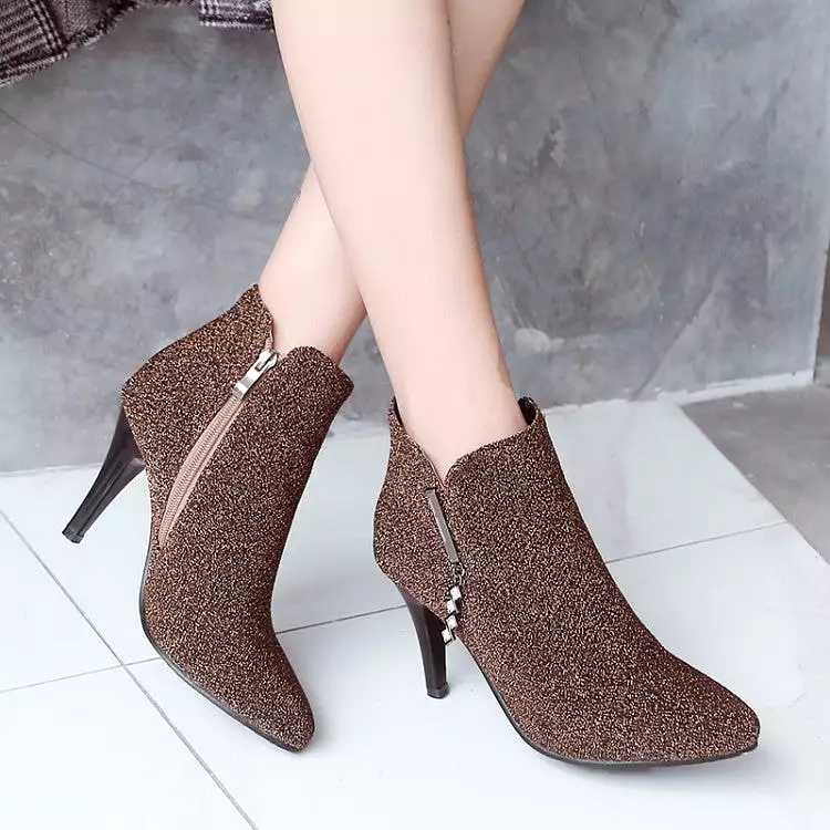 Women's Glitter Pointed Toe Side Zippers Cone Heel Ankle Boots