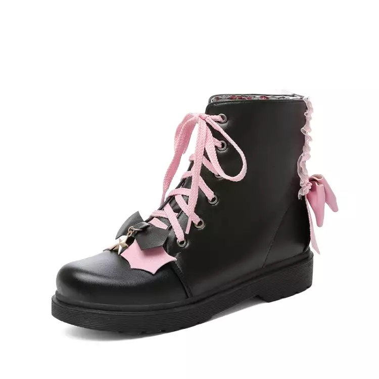 Women's Lace Up Bow Tie Flat Platform Ankle Boots