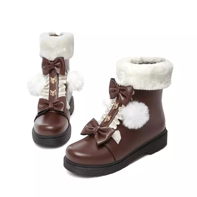 Women's Lolita Pu Leather Round Toe Lace Bow Tie Fur Ball Flat Platform Ankle Boots