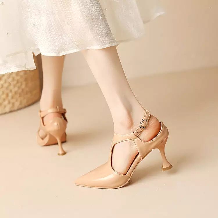 Women's Pointed Toe T Strap Cutout Spool Heel Sandals