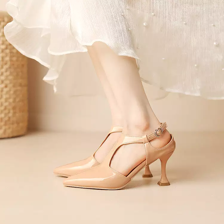 Women's Pointed Toe T Strap Cutout Spool Heel Sandals