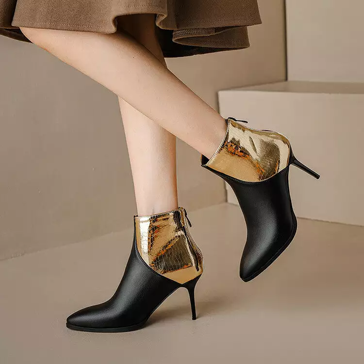 Women's Pu Leather Patent Patchwork Pointed Toe Stiletto Heel Ankle Boots