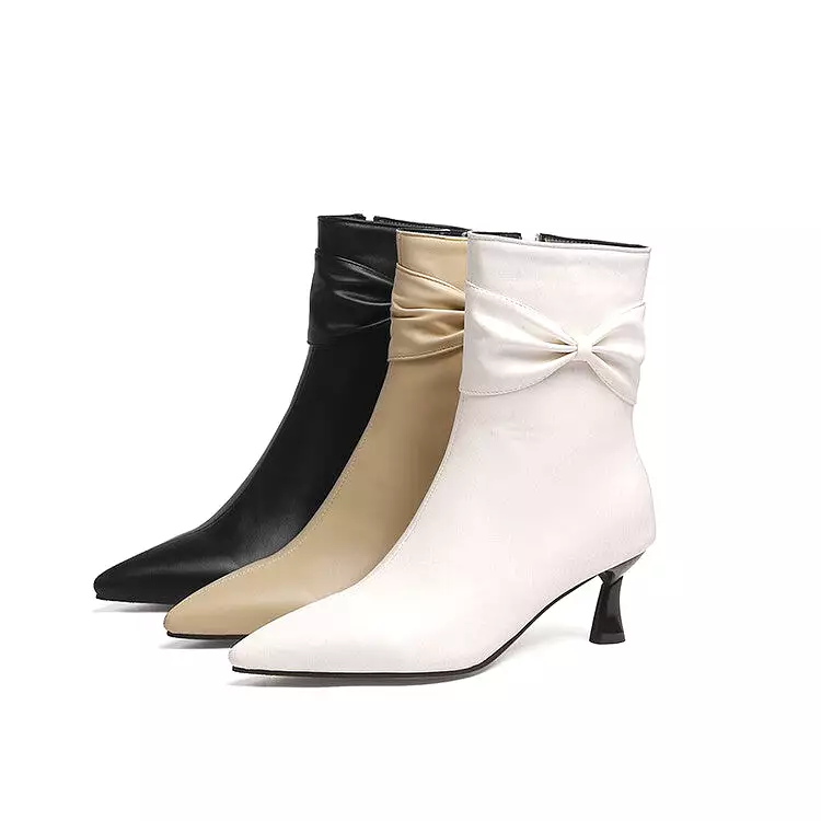 Women's Pu Leather Pointed Toe Side Bow Tie Spool Heel Ankle Boots