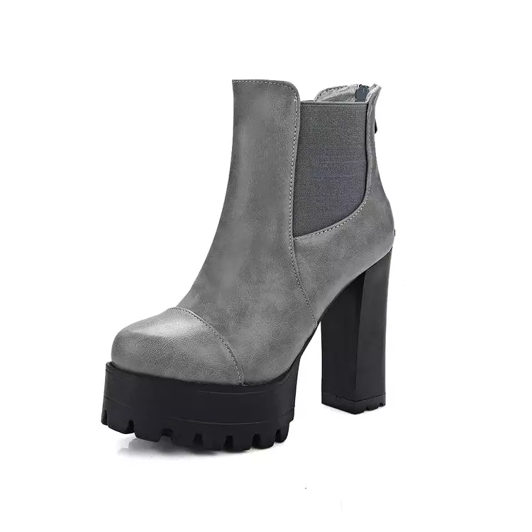 Women's Pu Leather Round Toe Back Zippers Block Chunky Heel Platform Ankle Boots