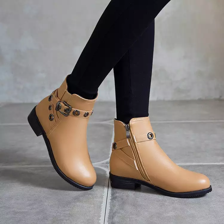 Women's Pu Leather Round Toe Metal Buckle Straps Side Zippers Block Chunky Heel Ankle Boots