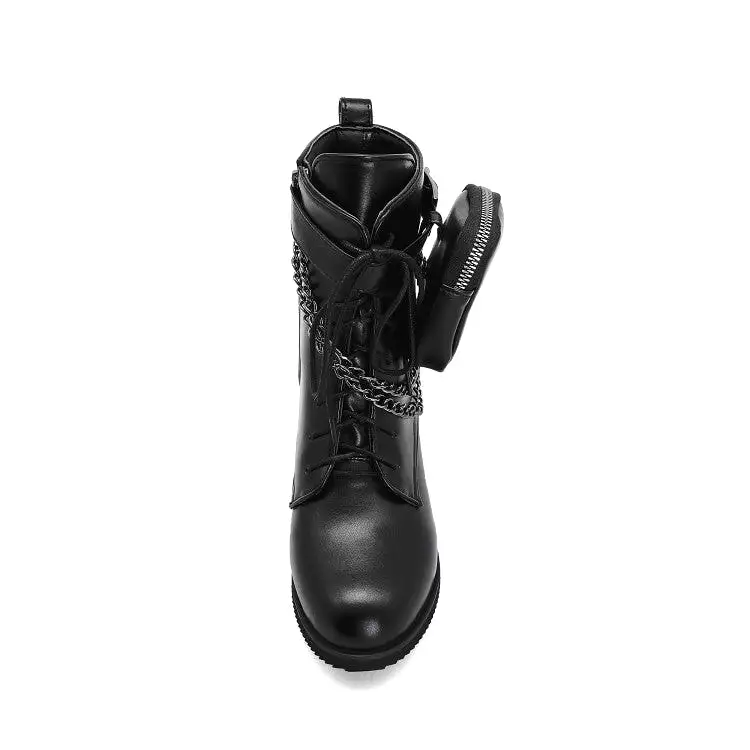 Women's Pu Leather Round Toe Metal Chains Lace Up Zippers Pocket Block Chunky Heel Ankle Boots