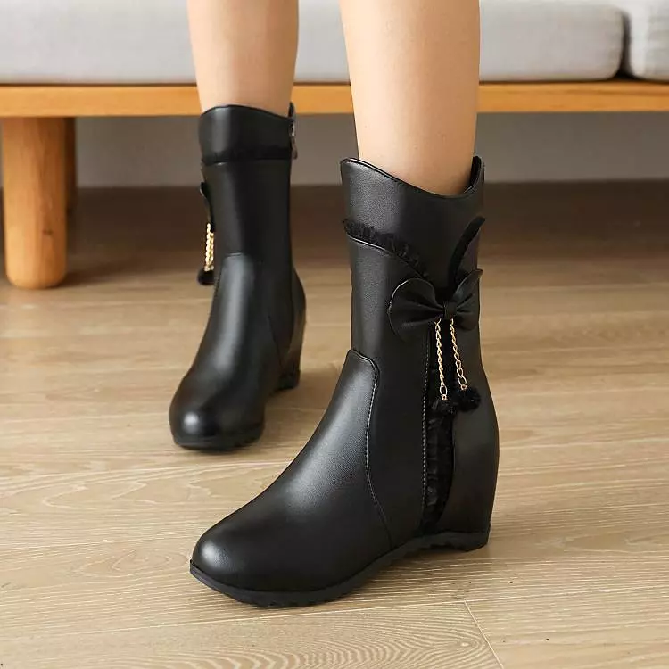 Women's Pu Leather Round Toe Side Zippers Bow Tie Pearls Inside Heighten Mid-Calf Boots