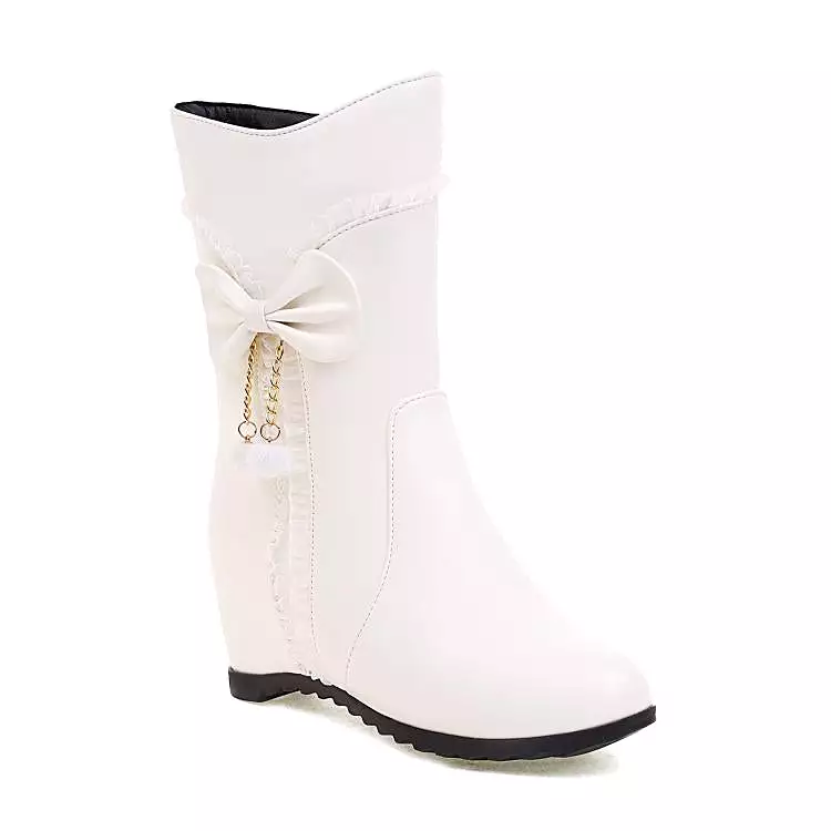 Women's Pu Leather Round Toe Side Zippers Bow Tie Pearls Inside Heighten Mid-Calf Boots