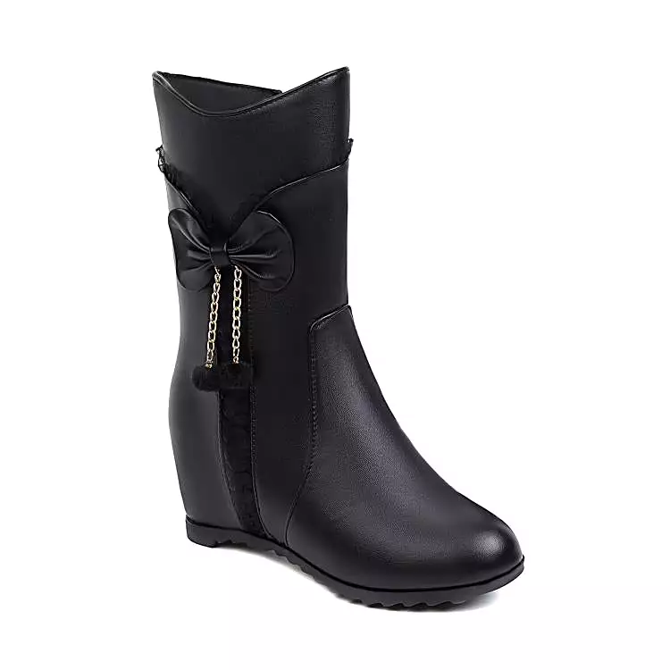 Women's Pu Leather Round Toe Side Zippers Bow Tie Pearls Inside Heighten Mid-Calf Boots