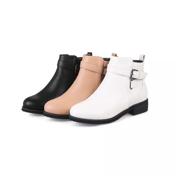 Women's Pu Leather Round Toe Side Zippers Buckle Straps Block Chunky Heel Ankle Boots